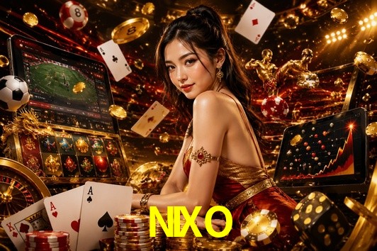 Una escena digital vívida inspirada en casino con NIXO mostrado prominentemente, luces brillantes, fichas, cartas y acentos dorados.